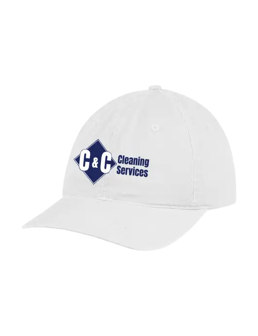 Garment Washed Unstructured Twill White Cap w/C & C Cleaning Services Logo