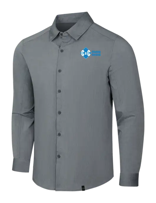 OGIO Medium Grey Heather Commuter Woven Shirt w/C & C Cleaning Services Logo