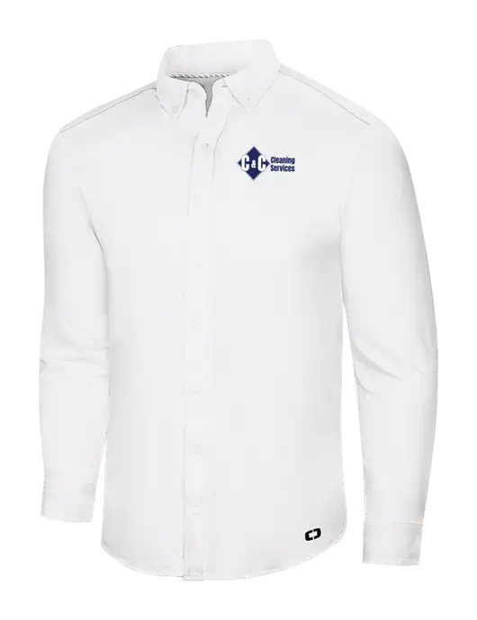 OGIO Bright White Modern Code Stretch Button-Up Shirt w/C & C Cleaning Services Logo