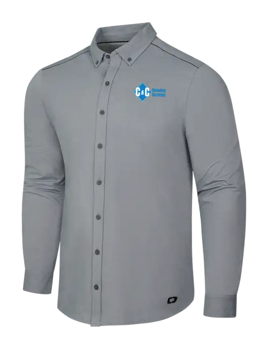 OGIO Medium Grey Heather Modern Code Stretch Button-Up Shirt w/C & C Cleaning Services Logo