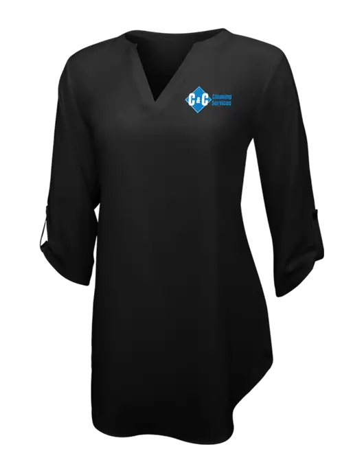 Womens Black 3/4 Sleeve Tunic Blouse w/C & C Cleaning Services Logo