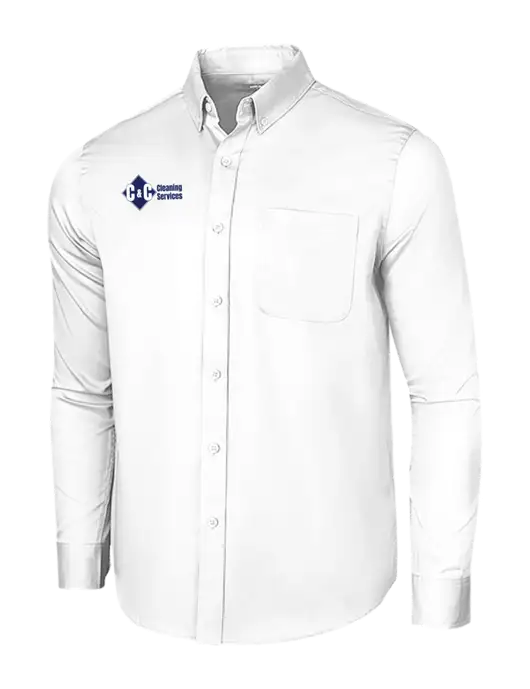 Long Sleeve White Superpro React Twill Shirt w/C & C Cleaning Services Logo