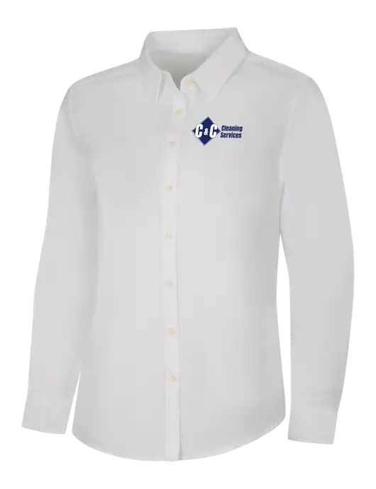 Womens White Long Sleeve Superpro React Twill Shirt w/C & C Cleaning Services Logo