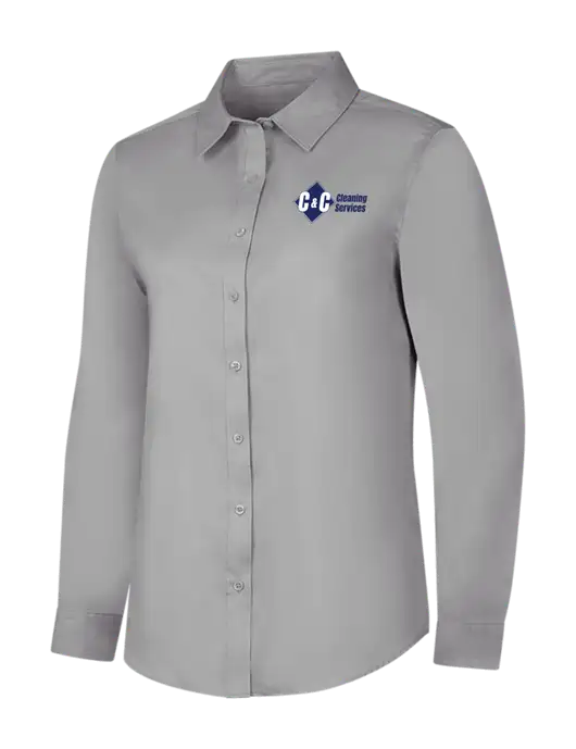 Light Grey Womens Long Sleeve Superpro React Twill Shirt w/C & C Cleaning Services Logo