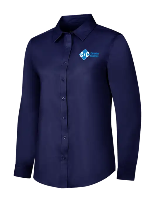 Navy Womens Long Sleeve Superpro React Twill Shirt w/C & C Cleaning Services Logo