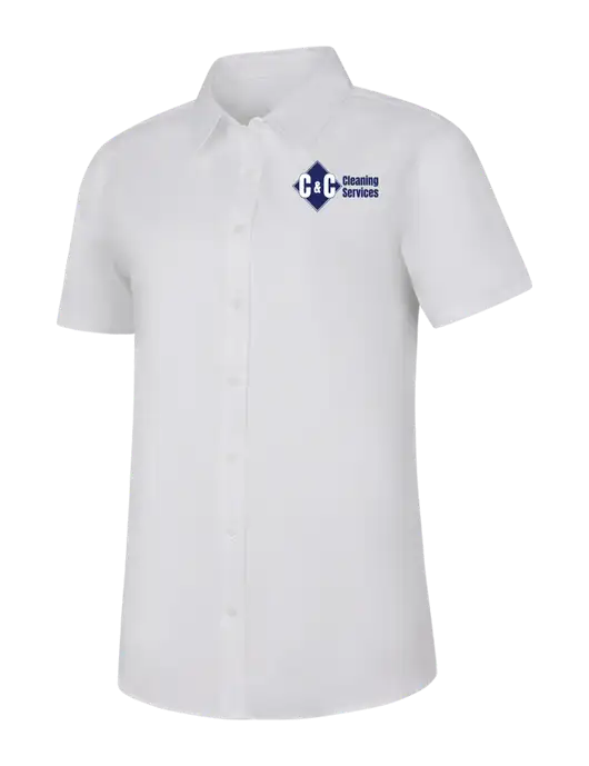 Womens White Short Sleeve Superpro React Twill Shirt w/C & C Cleaning Services Logo
