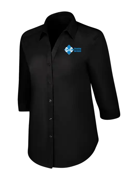 Womens Black 3/4 Sleeve Carefree Poplin Shirt w/C & C Cleaning Services Logo