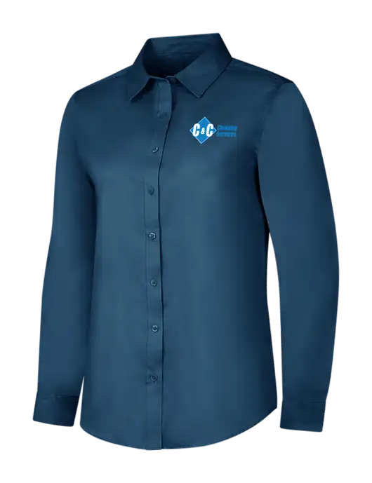 Light Navy Womens Long Sleeve Superpro React Twill Shirt w/C & C Cleaning Services Logo