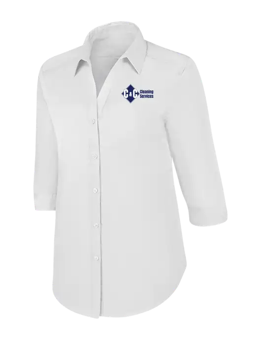 Womens White 3/4 Sleeve Carefree Poplin Shirt w/C & C Cleaning Services Logo