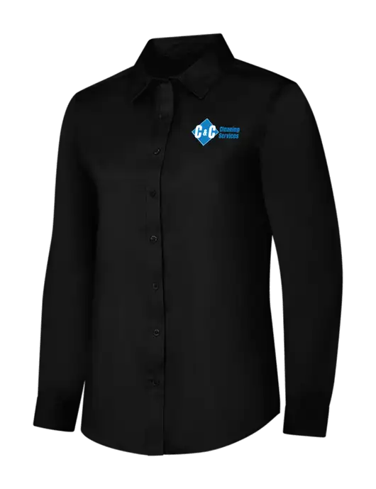 Womens Black Long Sleeve Superpro React Twill Shirt w/C & C Cleaning Services Logo