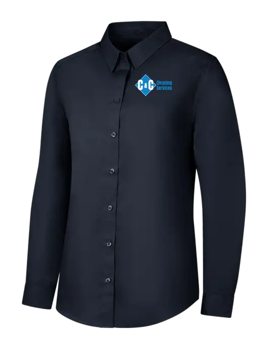 Womens River Blue Navy Long Sleeve Carefree Poplin Shirt w/C & C Cleaning Services Logo