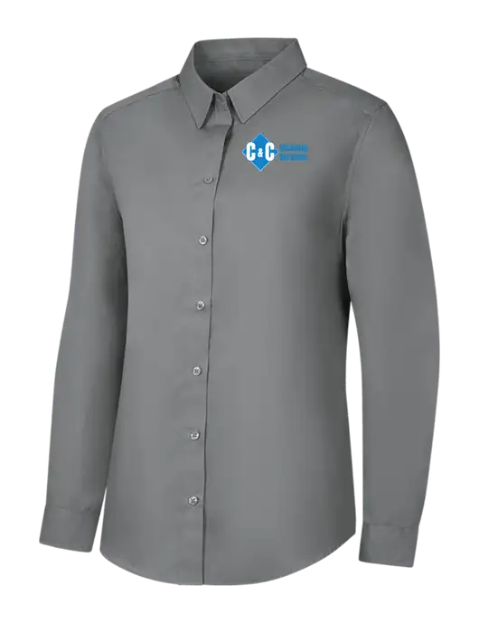 Womens Medium Grey Long Sleeve Carefree Poplin Shirt w/C & C Cleaning Services Logo