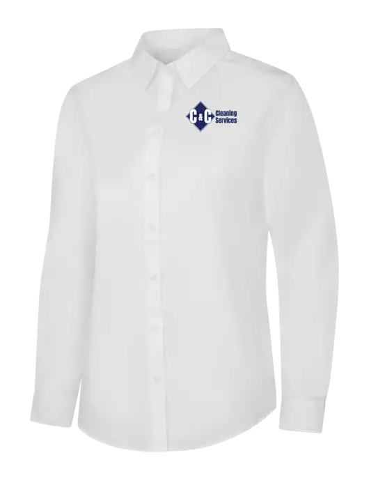 Womens White Long Sleeve Carefree Poplin Shirt w/C & C Cleaning Services Logo