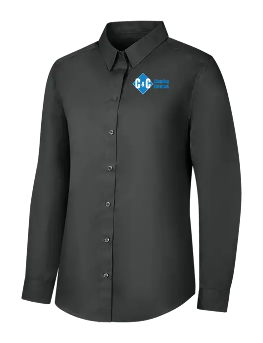 Womens Dark Grey Long Sleeve Carefree Poplin Shirt w/C & C Cleaning Services Logo