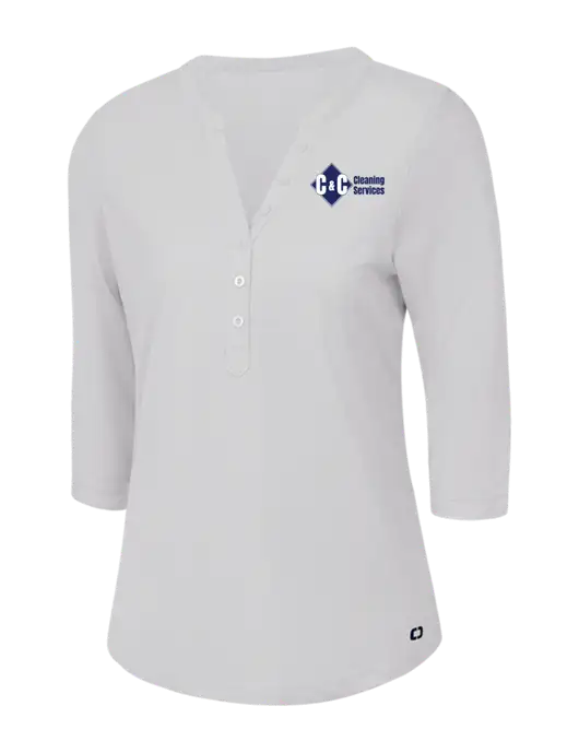 OGIO Bright White Jewel Henley w/C & C Cleaning Services Logo