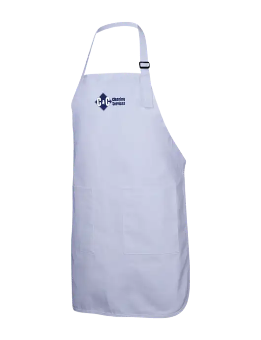 Full-Length White Apron With Pockets w/C & C Cleaning Services Logo