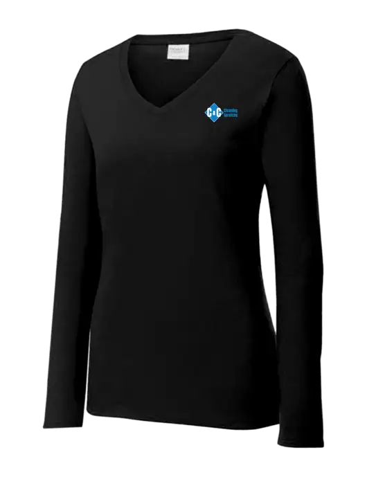 Womens V-Neck Ring Spun Jet Black 4.5 oz Long Sleeve T-Shirt w/C & C Cleaning Services Logo