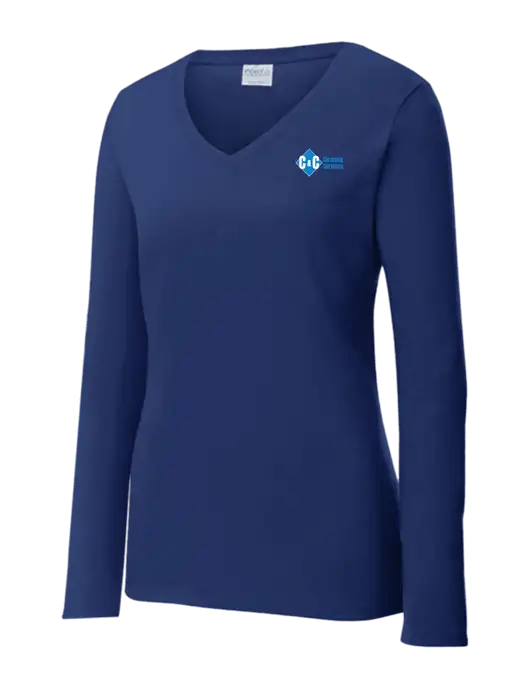 Womens  V-Neck Ring Spun Navy 4.5 oz Long Sleeve T-Shirt w/C & C Cleaning Services Logo