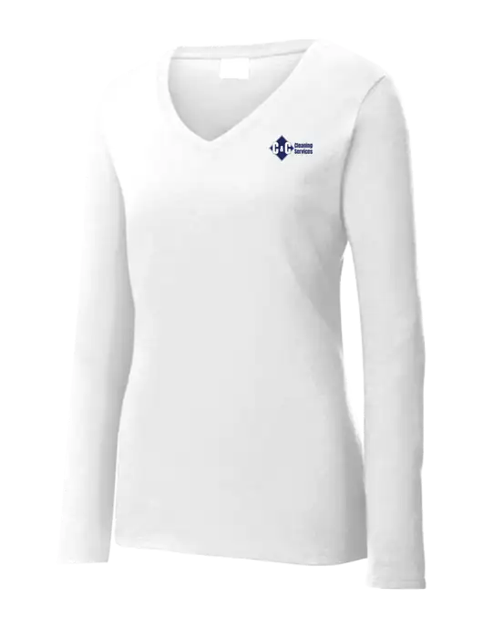 Womens  V-Neck Ring Spun White 4.5 oz Long Sleeve T-Shirt w/C & C Cleaning Services Logo