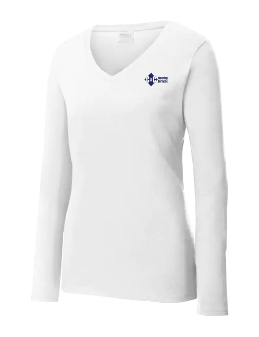 Womens  V-Neck Ring Spun White 4.5 oz Long Sleeve T-Shirt w/C & C Cleaning Services Logo