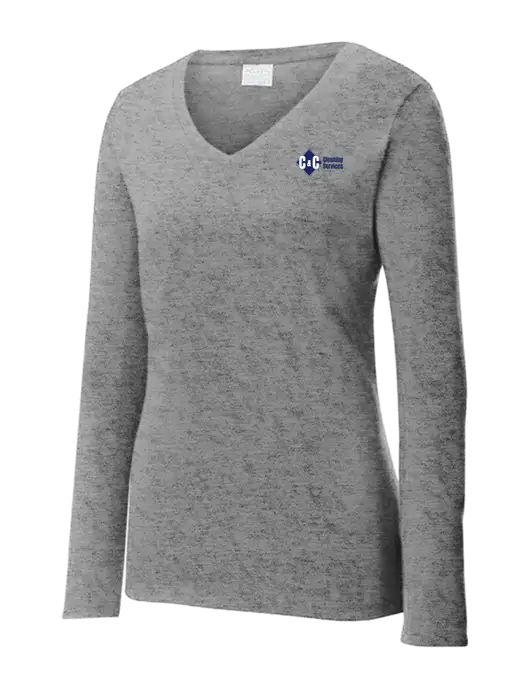 Womens  V-Neck Ring Spun Grey Heather 4.5 oz Long Sleeve T-Shirt w/C & C Cleaning Services Logo