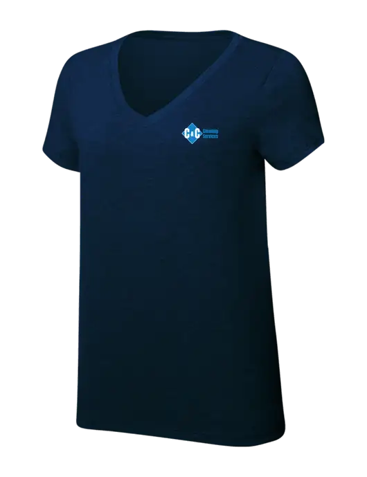 Womens Simply Soft V-Neck New Navy 4.5oz  Poly/Combed Ring Spun Cotton T-Shirt w/C & C Cleaning Services Logo