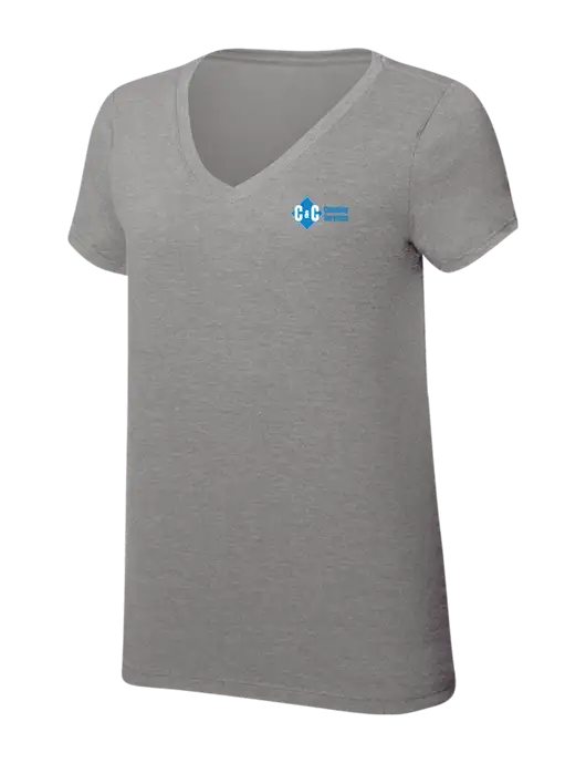 Womens Simply Soft V-Neck Grey Frost 4.5oz  Poly/Combed Ring Spun Cotton T-Shirt w/C & C Cleaning Services Logo