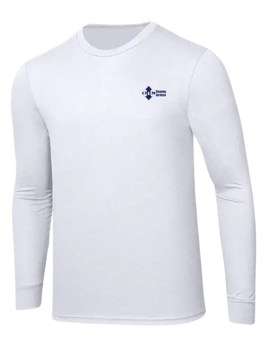 Simply Soft Long Sleeve White 4.5 oz, Poly/Combed Ring Spun Cotton T-Shirt w/C & C Cleaning Services Logo