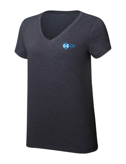 Womens Simply Soft V-Neck Heather Charcoal 4.5oz  Poly/Combed Ring Spun Cotton T-Shirt w/C & C Cleaning Services Logo