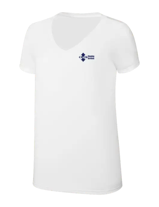Womens Simply Soft V-Neck White 4.5oz  Poly/Combed Ring Spun Cotton T-Shirt w/C & C Cleaning Services Logo