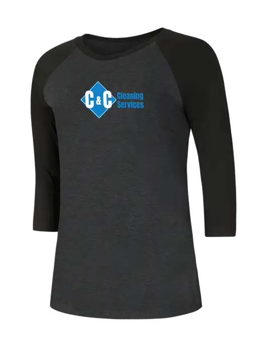 Womens Simply Soft 3/4 Sleeve Black/Black Frost Ring Spun Cotton T-Shirt w/C & C Cleaning Services Logo