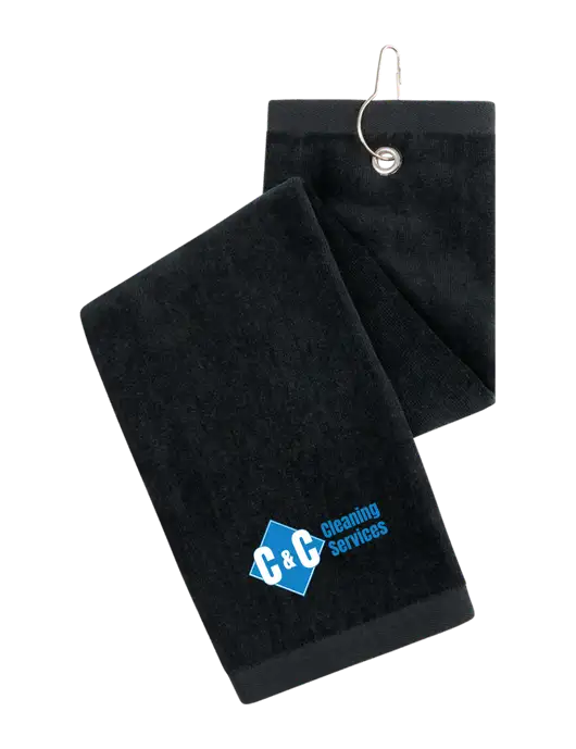 Black Tri-Fold Golf Towel with Grommet w/C & C Cleaning Services Logo