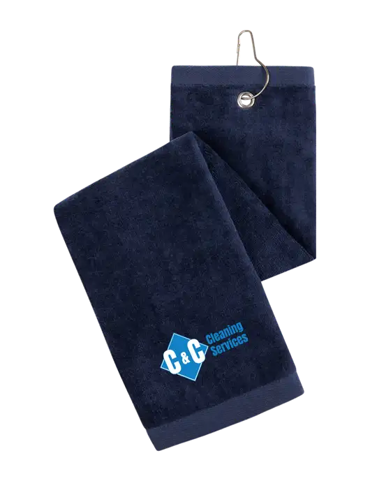 Navy Tri-Fold Golf Towel with Grommet w/C & C Cleaning Services Logo