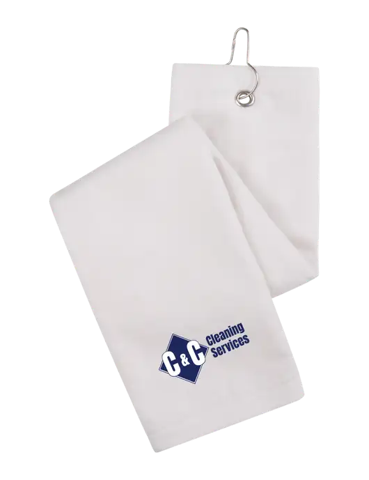 White Tri-Fold Golf Towel with Grommet w/C & C Cleaning Services Logo