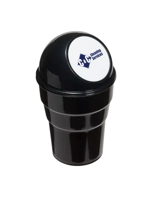 Black Car Cup Holder Trash Can w/C & C Cleaning Services Logo
