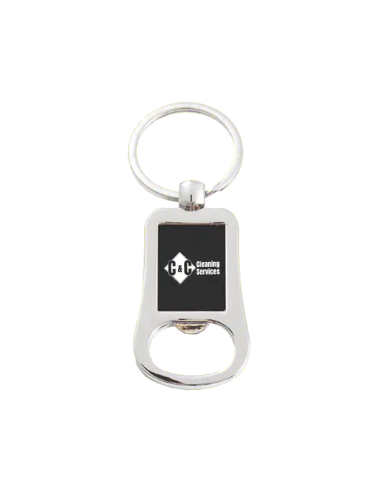 Silver & Black Bottle Opener Keychain w/C & C Cleaning Services Logo
