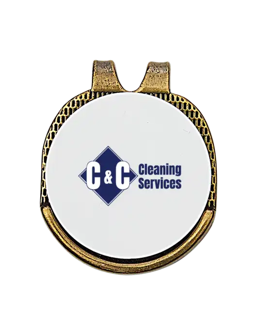 Antique Gold Hat Clip w/Golf Ball Marker w/C & C Cleaning Services Logo