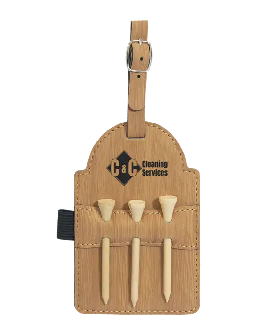 Bamboo Leatherette Golf Bag Tag with 3 Wooden Tees w/C & C Cleaning Services Logo