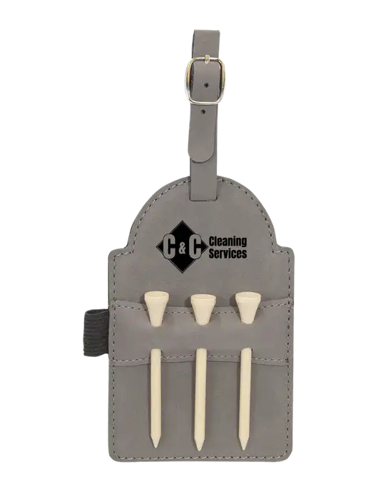 Grey Leatherette Golf Bag Tag with 3 Wooden Tees w/C & C Cleaning Services Logo