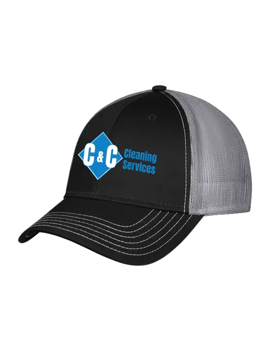 Black/Medium Dark Grey Mesh Trucker Cap Snap Back w/C & C Cleaning Services Logo
