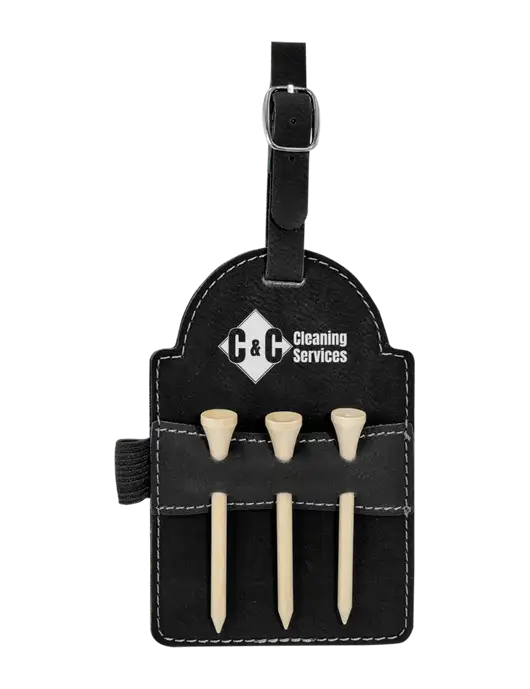 Black Leatherette Golf Bag Tag with 3 Wooden Tees w/C & C Cleaning Services Logo