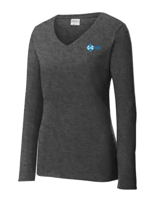 Womens  V-Neck Ring Spun Dark Heather Grey 4.5 oz Long Sleeve T-Shirt w/C & C Cleaning Services Logo