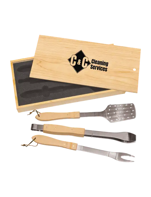 Wood BBQ Gift Set w/C & C Cleaning Services Logo
