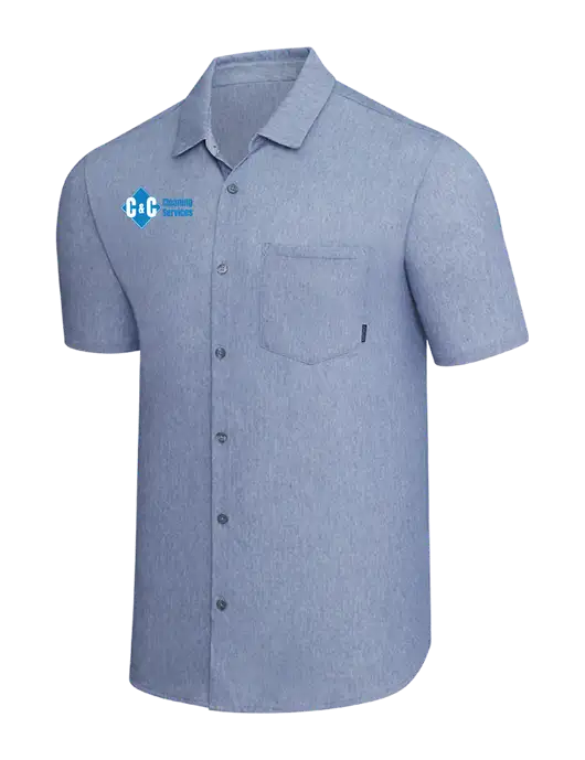 OGIO Slate Blue Heather Extend Short Sleeve Button Up Shirt w/C & C Cleaning Services Logo