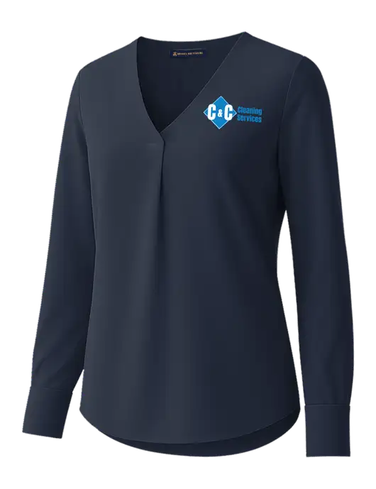 Brooks Brothers Womens Dark Navy Open-Neck Satin Blouse  w/C & C Cleaning Services Logo