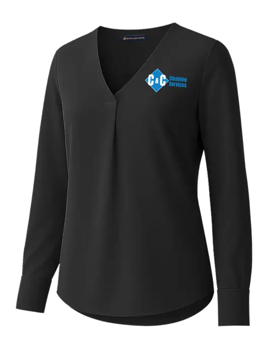 Brooks Brothers Womens Black Open-Neck Satin Blouse  w/C & C Cleaning Services Logo