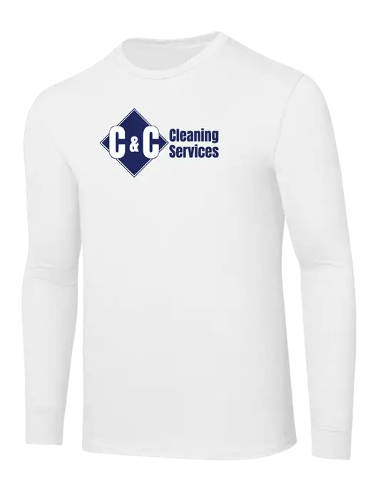 Core Blend White Long Sleeve Tee w/C & C Cleaning Services Logo