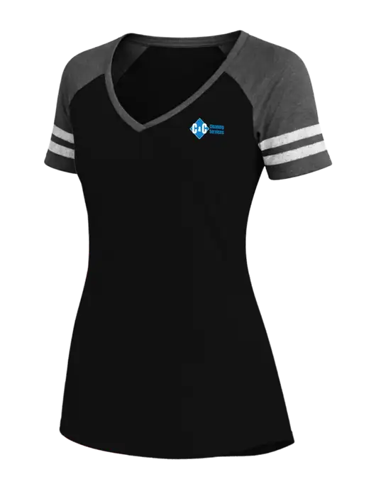 Womens Black/Charcoal Heather V-Neck Game Tee w/C & C Cleaning Services Logo