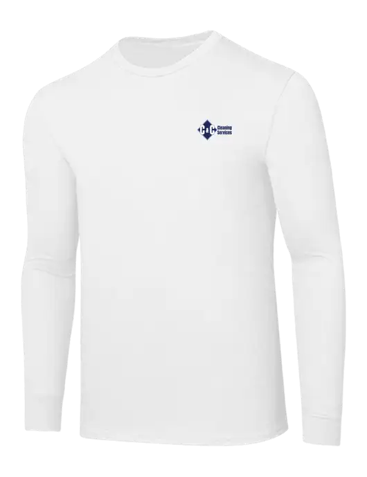 Core Blend White Long Sleeve Tee w/C & C Cleaning Services Logo