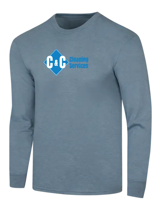 Simply Soft Long Sleeve Slate Blue Heather 4.5 oz, Poly/Combed Ring Spun Cotton T-Shirt w/C & C Cleaning Services Logo